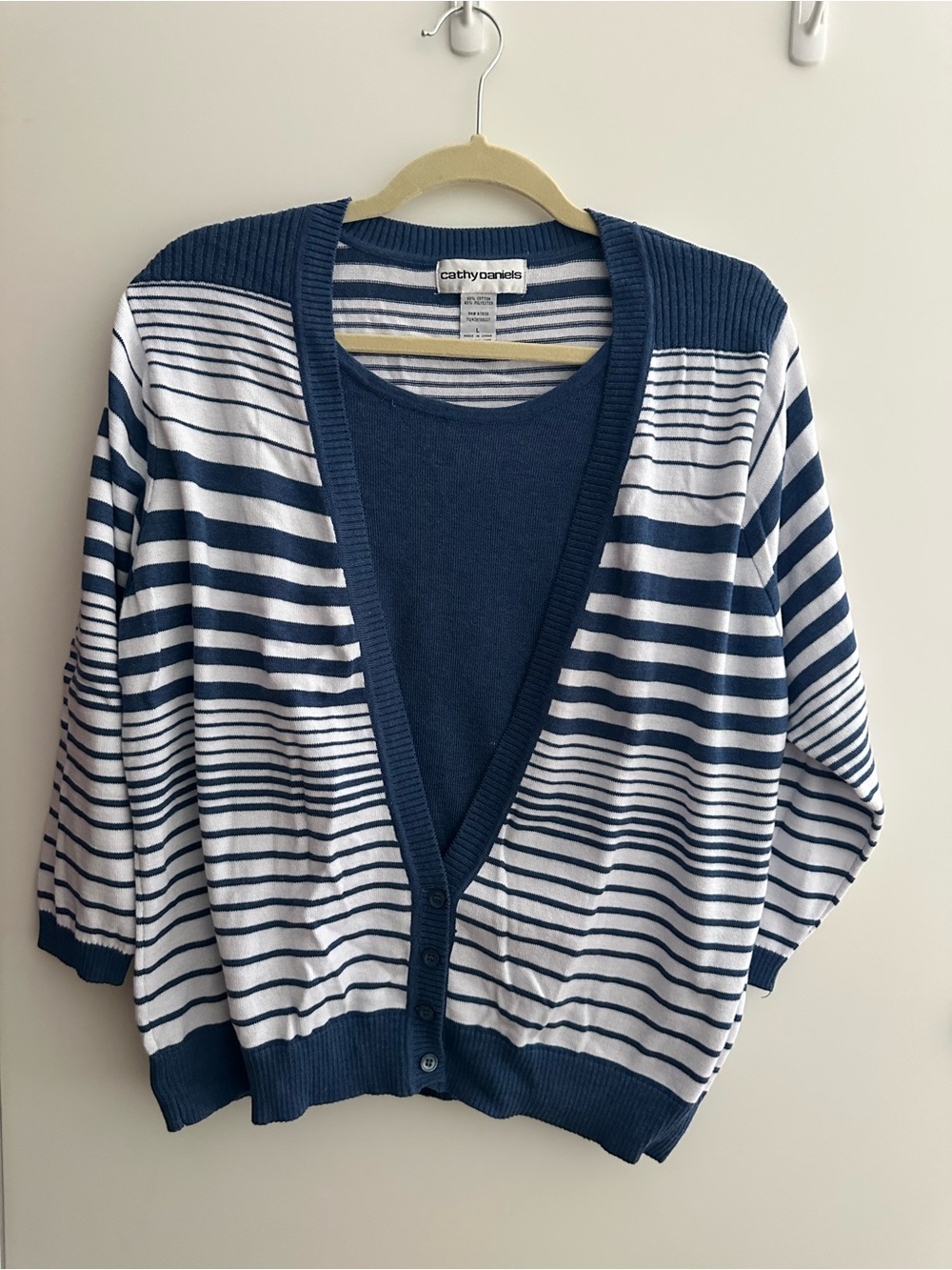 Cathy Daniels Sweater Set Womens L Blue Stripe Tank Cardigan 3/4 Sleeve Knit